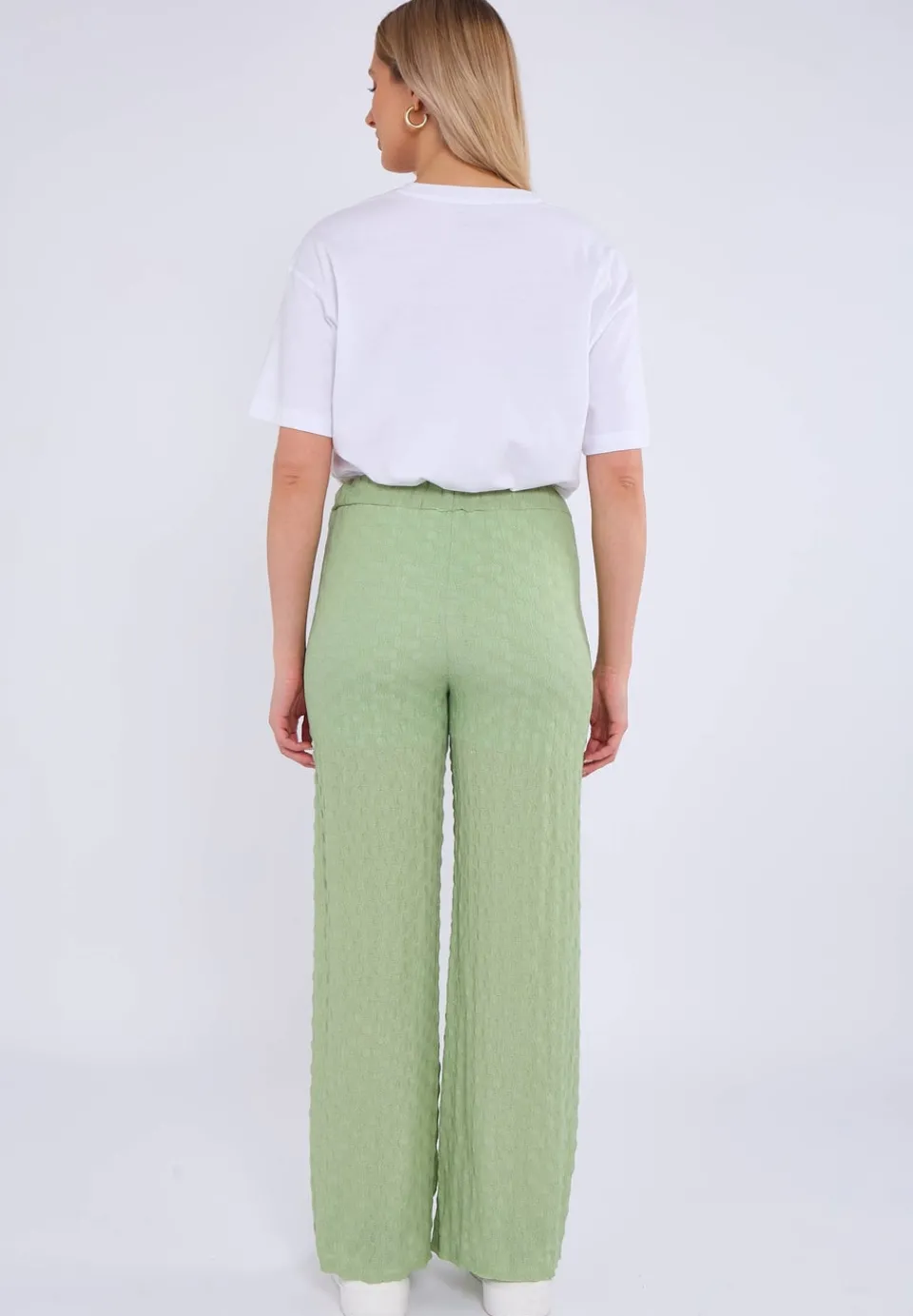 Trousers>Gini London Sage Green Textured Elasticated Waist Flared Trousers
