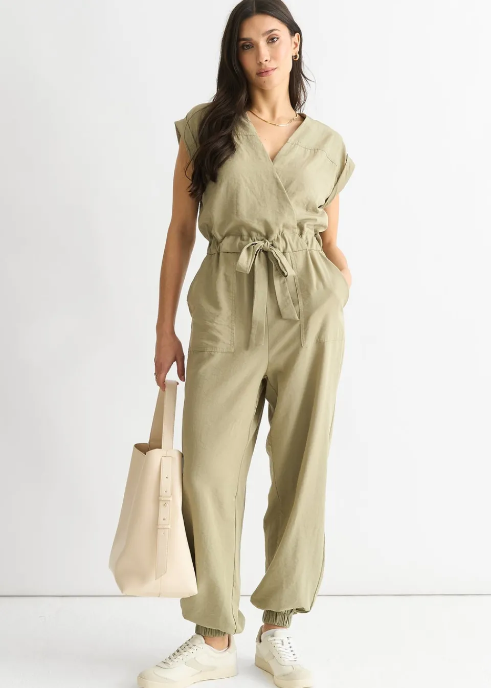 Jumpsuits & Playsuits>Gini London Sage Green Wrap Belted Utility Jumpsuit