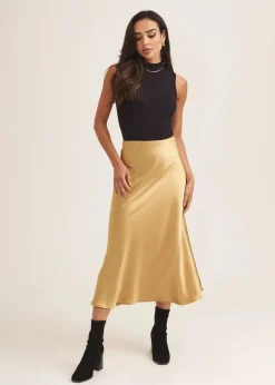 Skirts>Gini London Sandy Gold Satin Bias Cut Midi Skirt