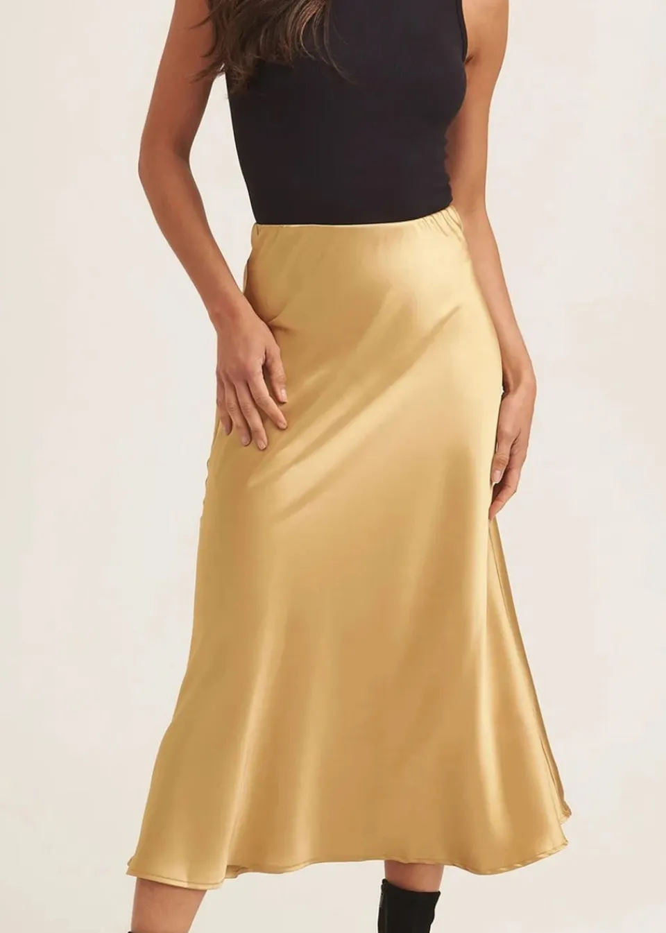 Skirts>Gini London Sandy Gold Satin Bias Cut Midi Skirt