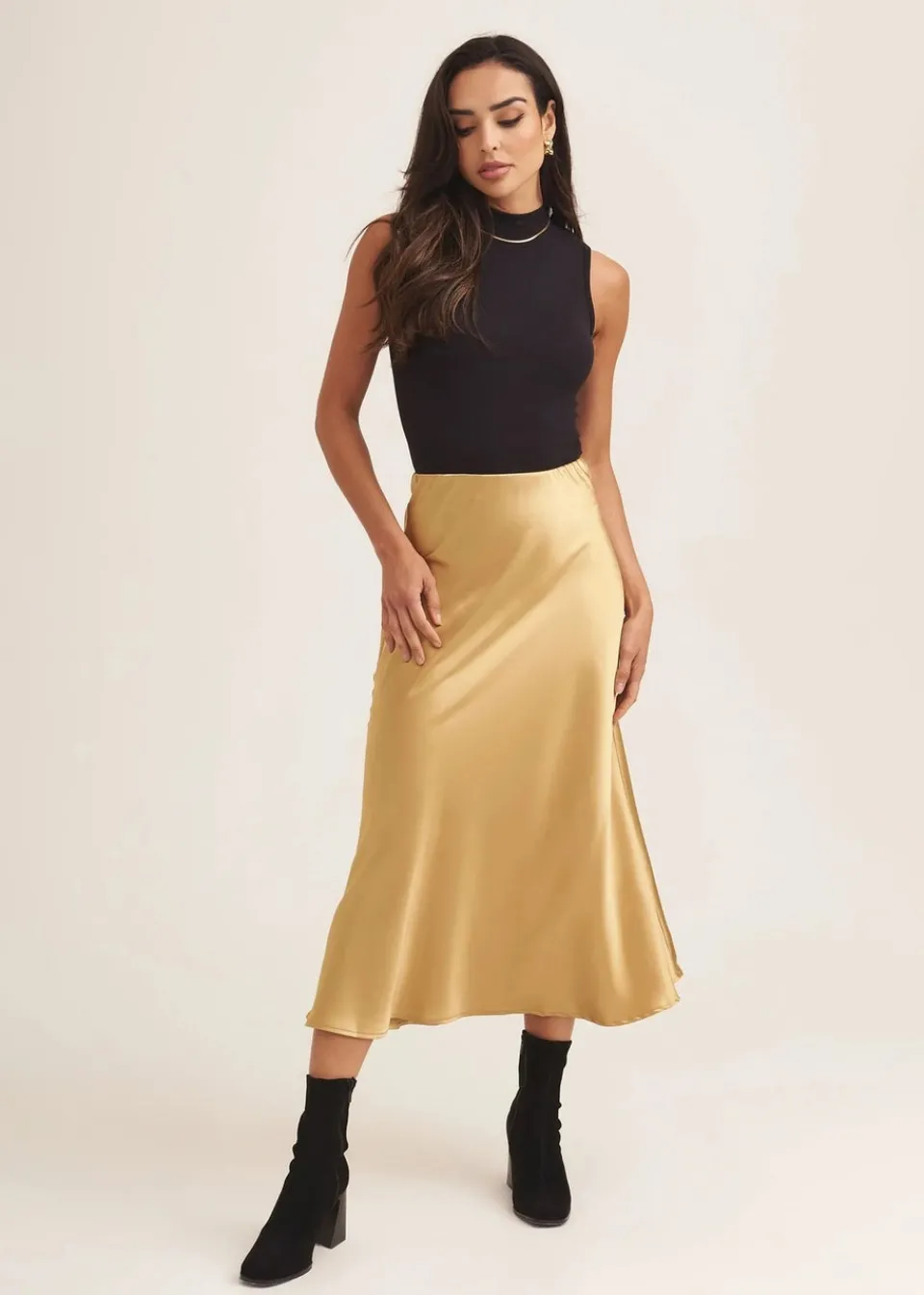 Skirts>Gini London Sandy Gold Satin Bias Cut Midi Skirt