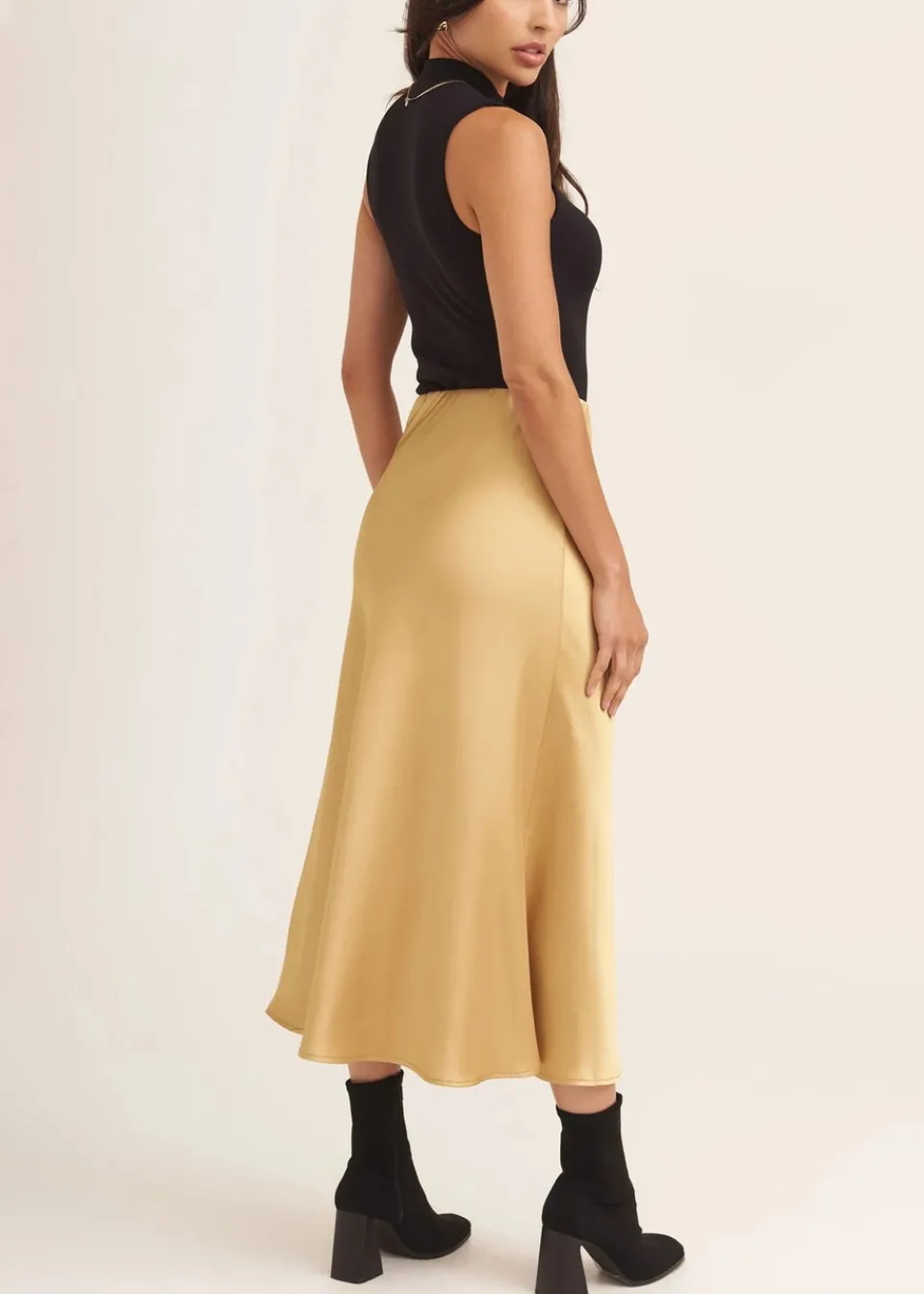 Skirts>Gini London Sandy Gold Satin Bias Cut Midi Skirt