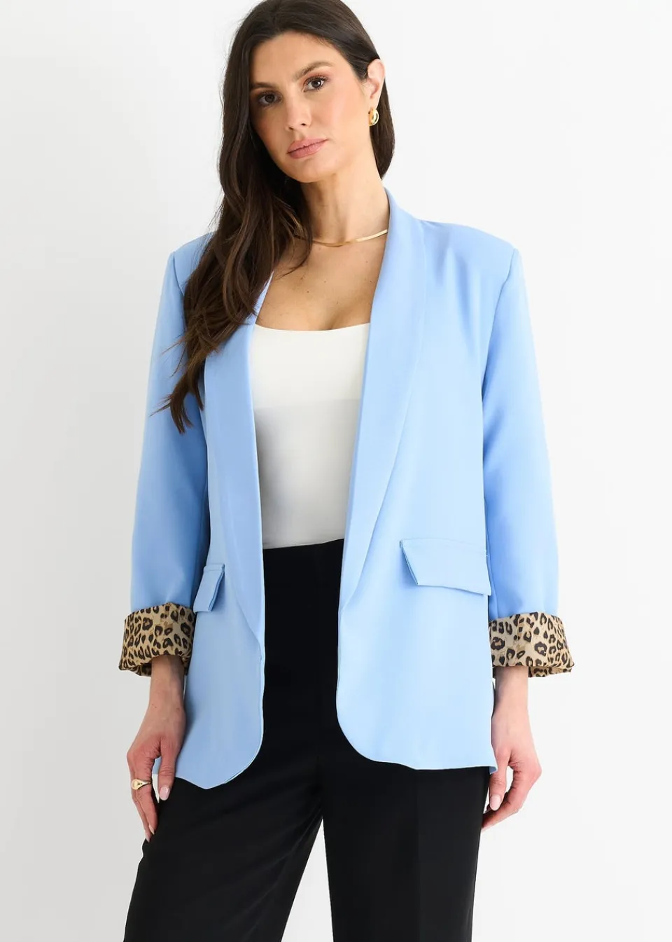 Coats & Jackets>Gini London Sky Blue Contrast Animal Edge To Edge Blazer