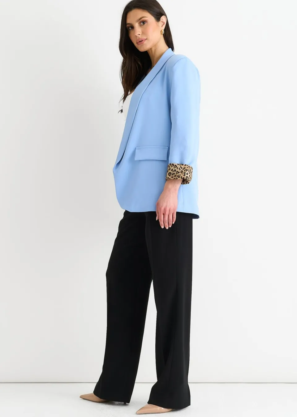 Coats & Jackets>Gini London Sky Blue Contrast Animal Edge To Edge Blazer