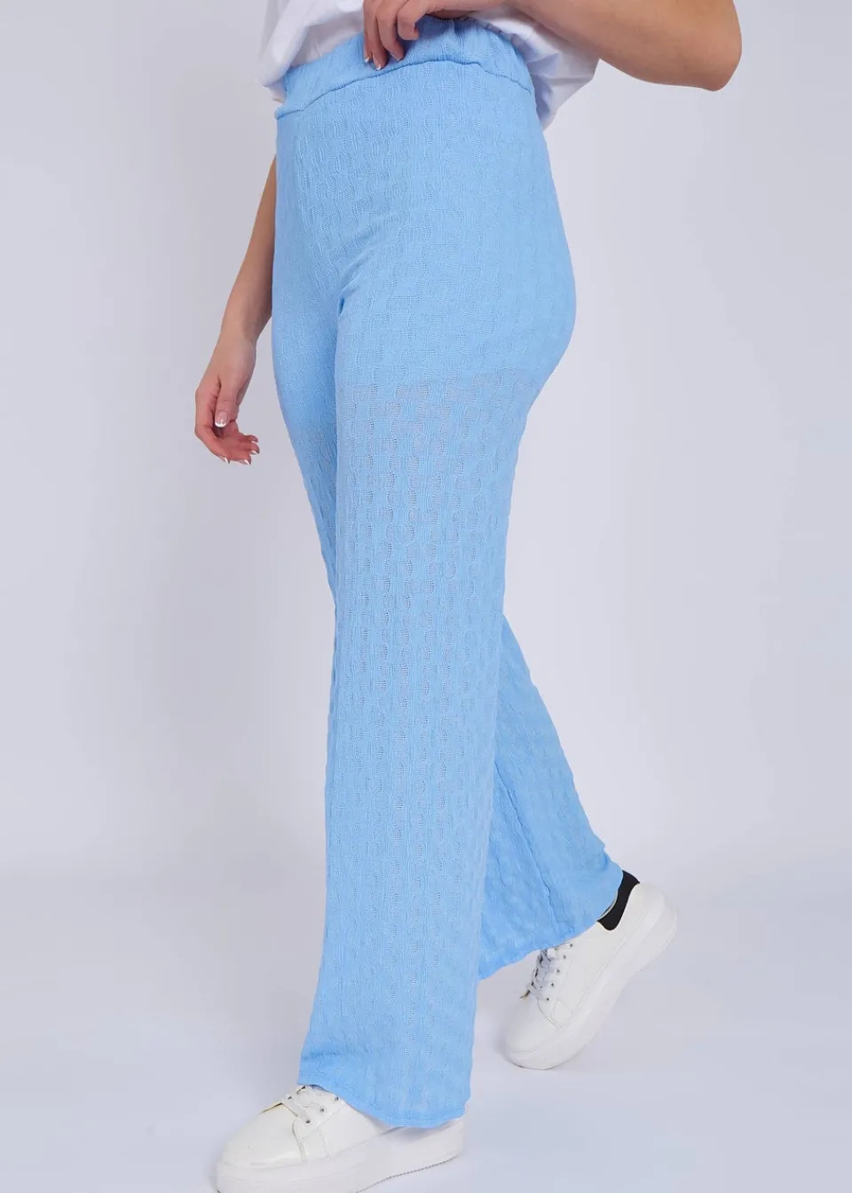 Trousers>Gini London Sky Blue Textured Elasticated Waist Flared Trousers