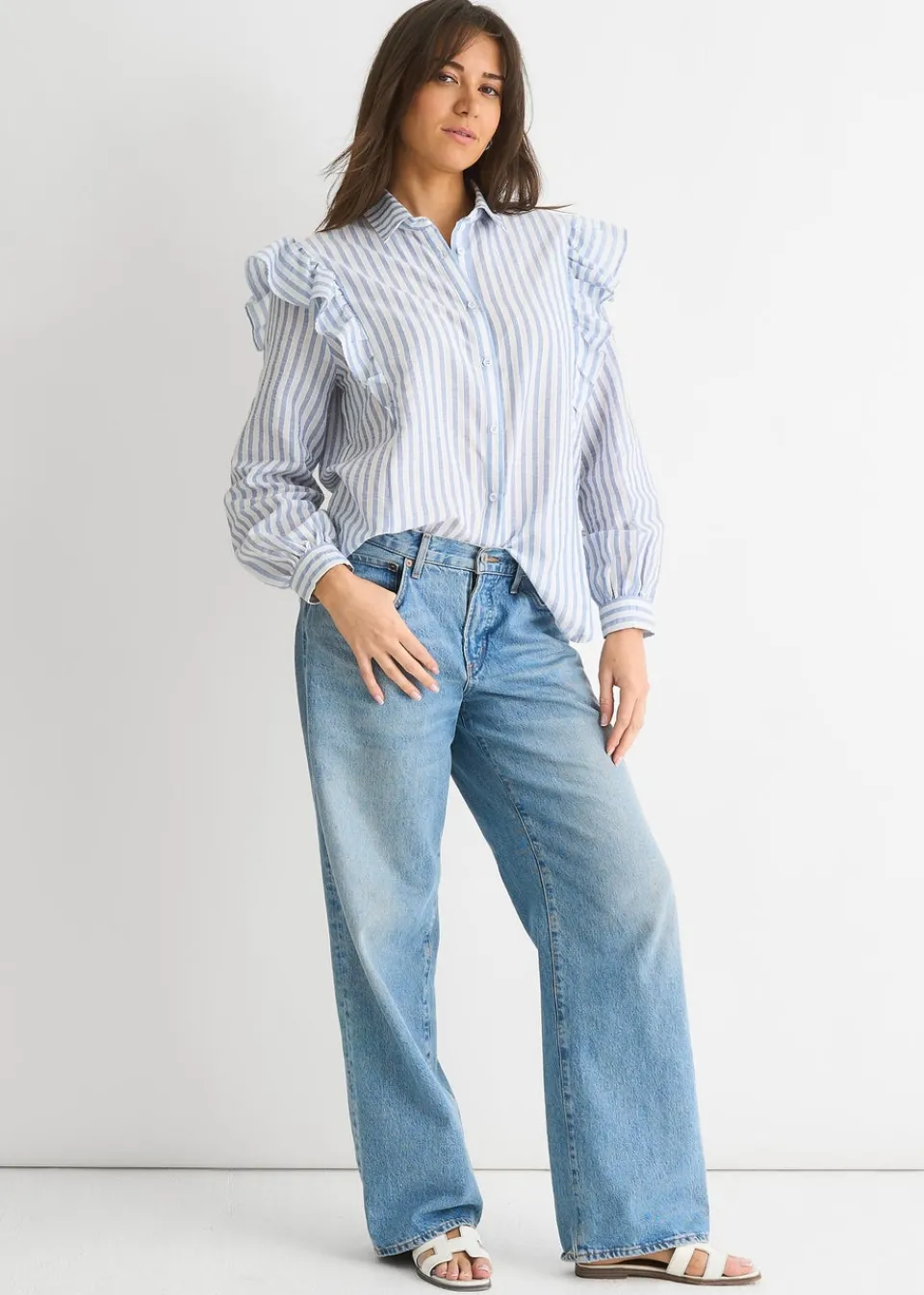 Tops>Gini London Stripe Frill Cotton Shirt