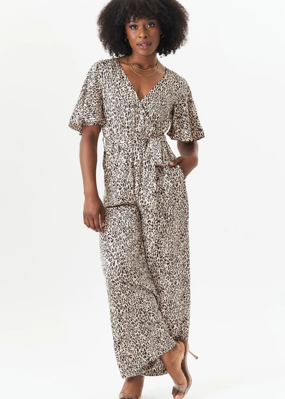 Jumpsuits & Playsuits>Gini London Tan Satin Animal Angel Sleeves Wrap Jumpsuit