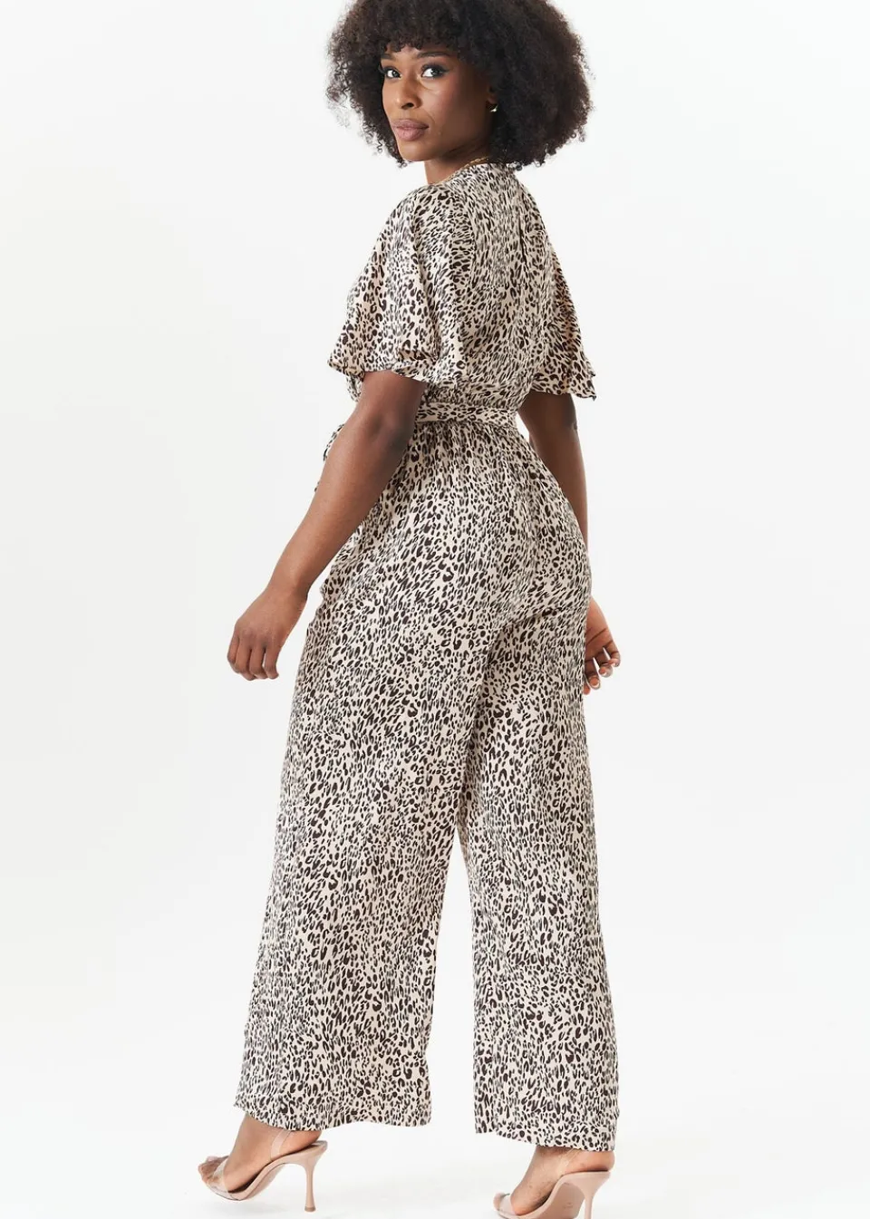 Jumpsuits & Playsuits>Gini London Tan Satin Animal Angel Sleeves Wrap Jumpsuit