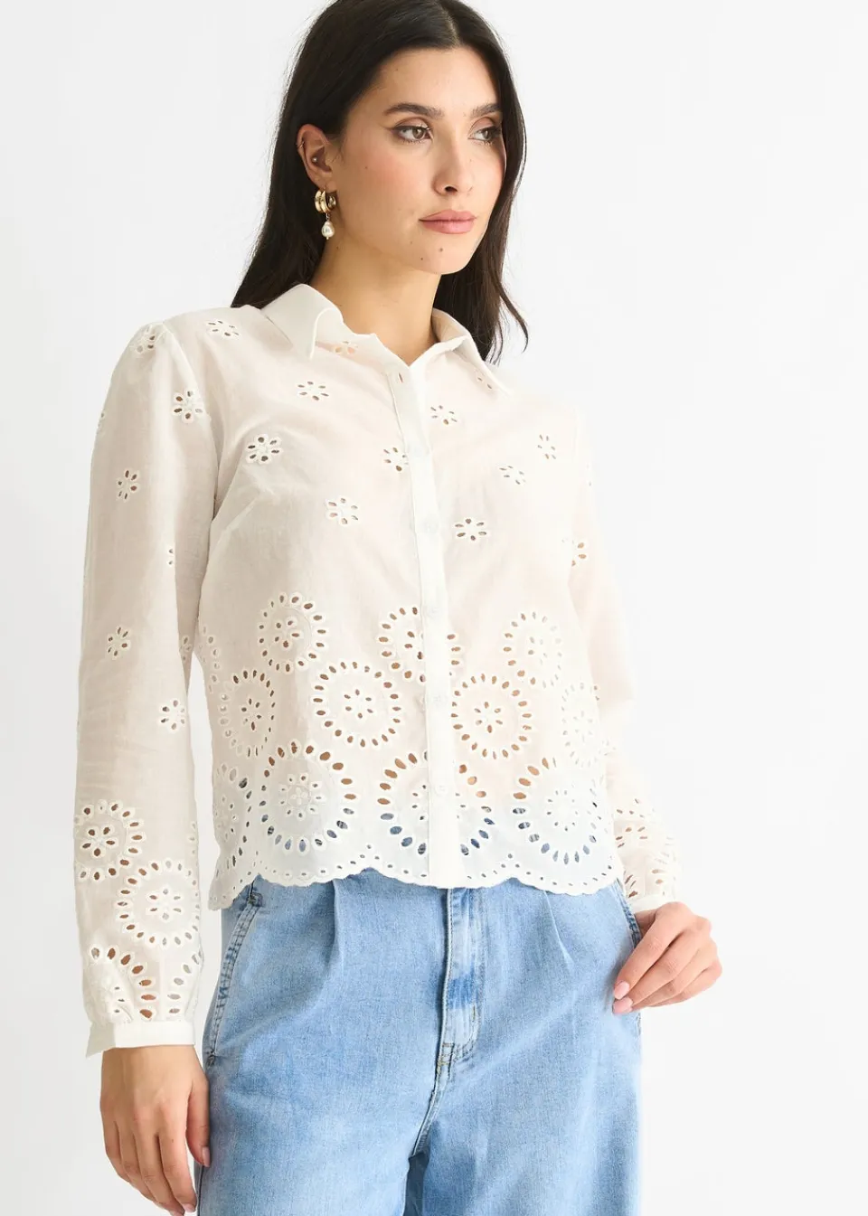 Tops>Gini London White Cotton Broderie Scallop Boxy Shirt Sequin V Neck Cami Top