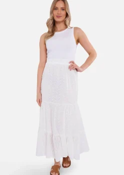 Skirts>Gini London White Cotton Broderie Skater Maxi Skirt