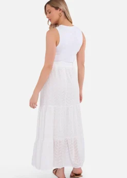 Skirts>Gini London White Cotton Broderie Skater Maxi Skirt