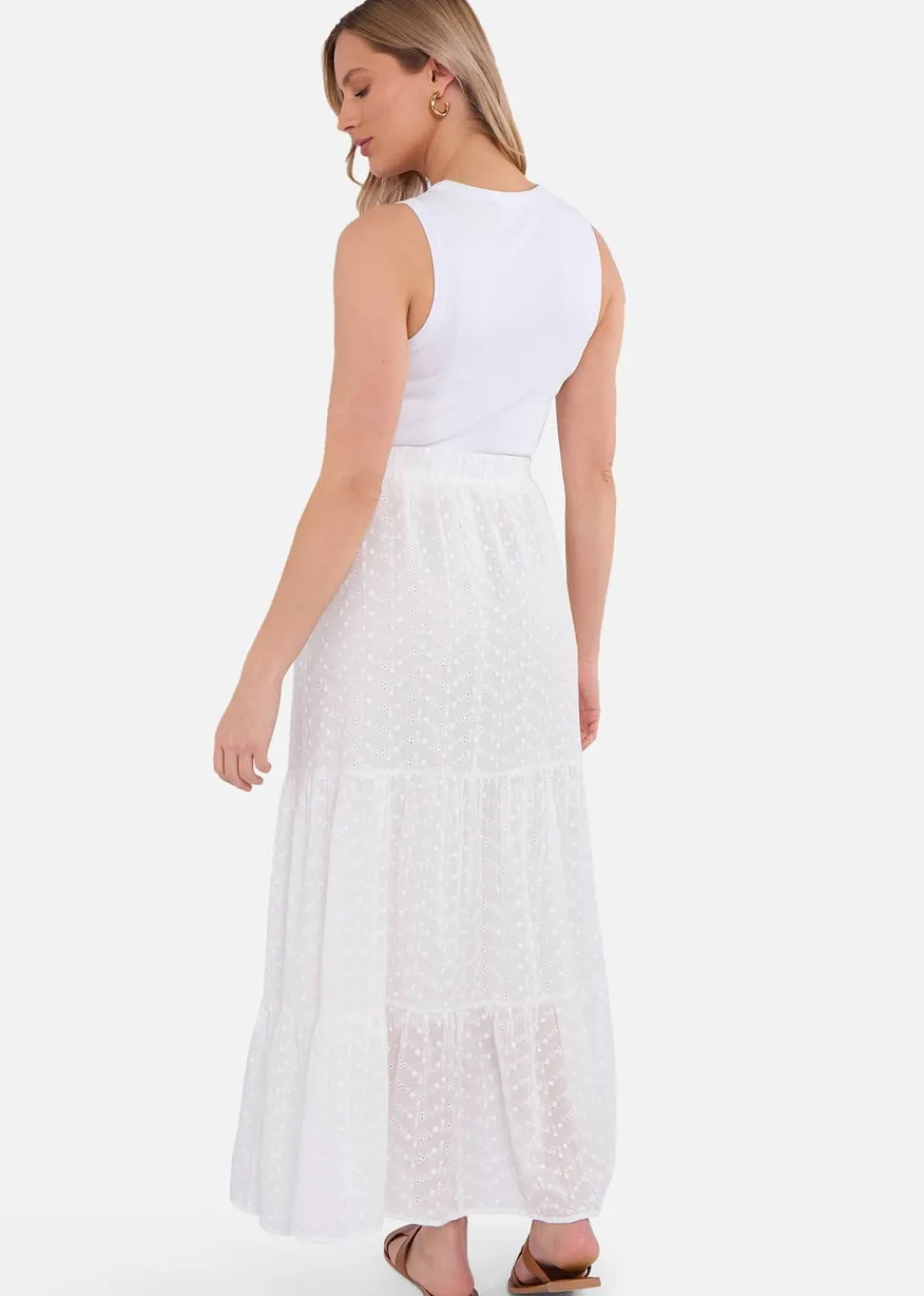 Skirts>Gini London White Cotton Broderie Skater Maxi Skirt