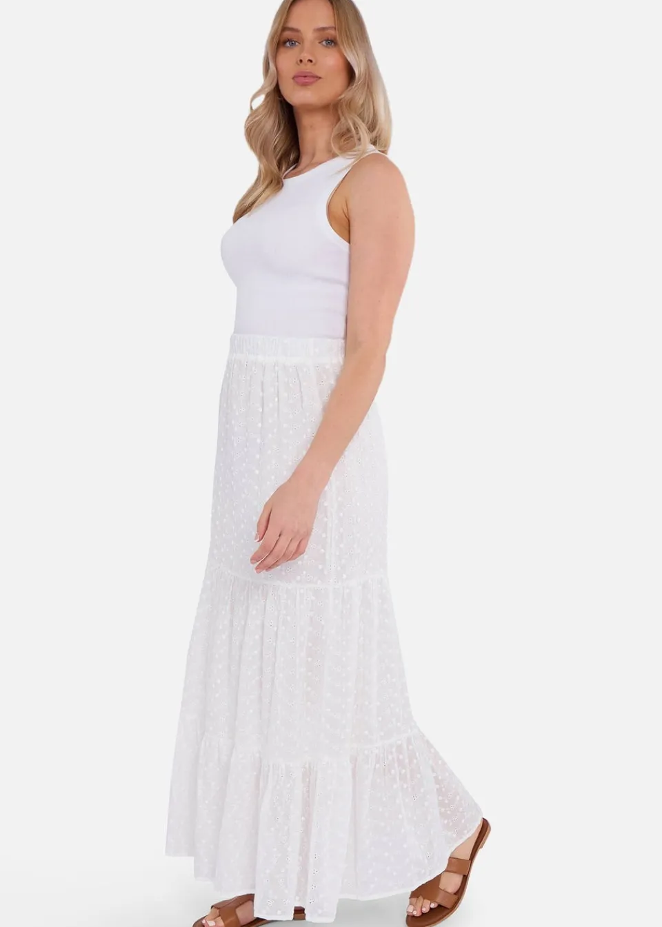 Skirts>Gini London White Cotton Broderie Skater Maxi Skirt