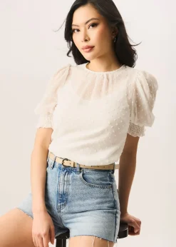 Tops>Gini London White Dobby Chiffon Shirred Cuff Blouse