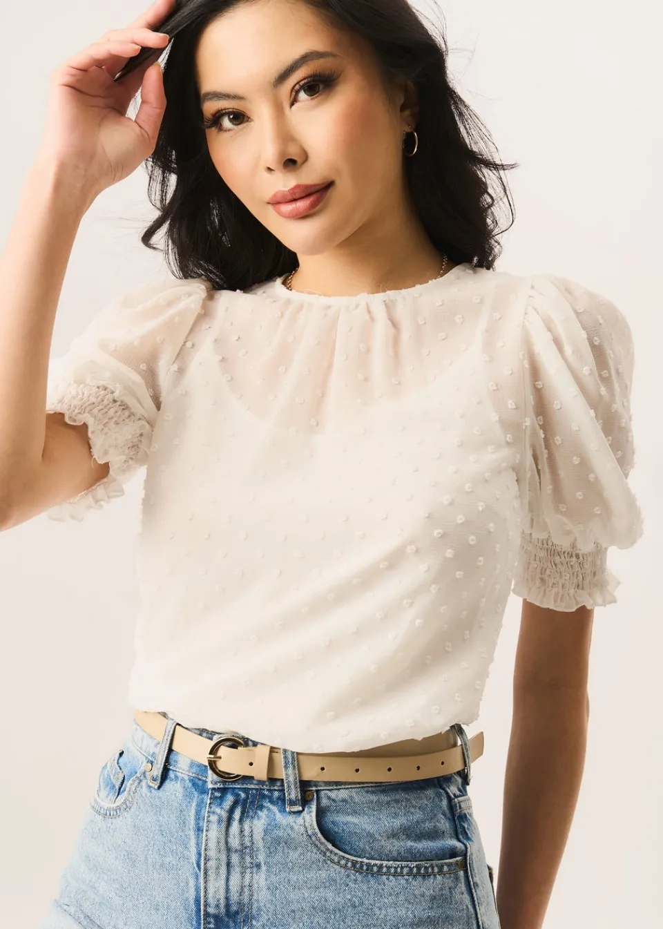 Tops>Gini London White Dobby Chiffon Shirred Cuff Blouse