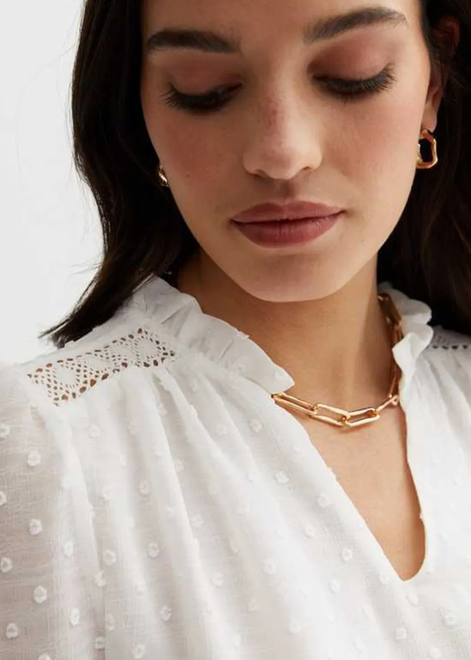 Tops>Gini London White Dobby Chiffon Frill Neck Blouse