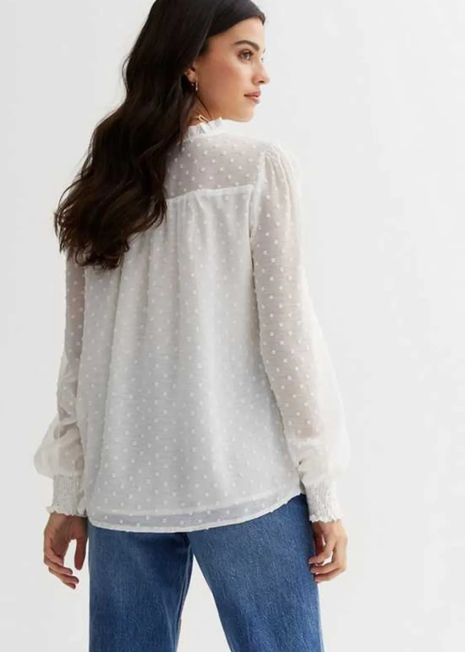 Tops>Gini London White Dobby Chiffon Frill Neck Blouse