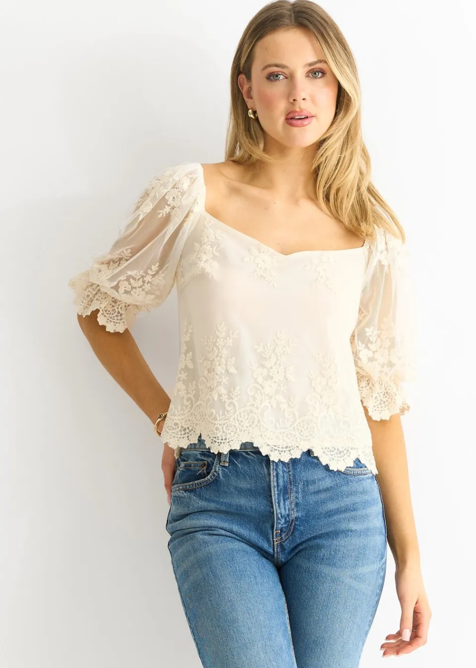 Tops>Gini London White Embroidered Lace Scallop Blouse