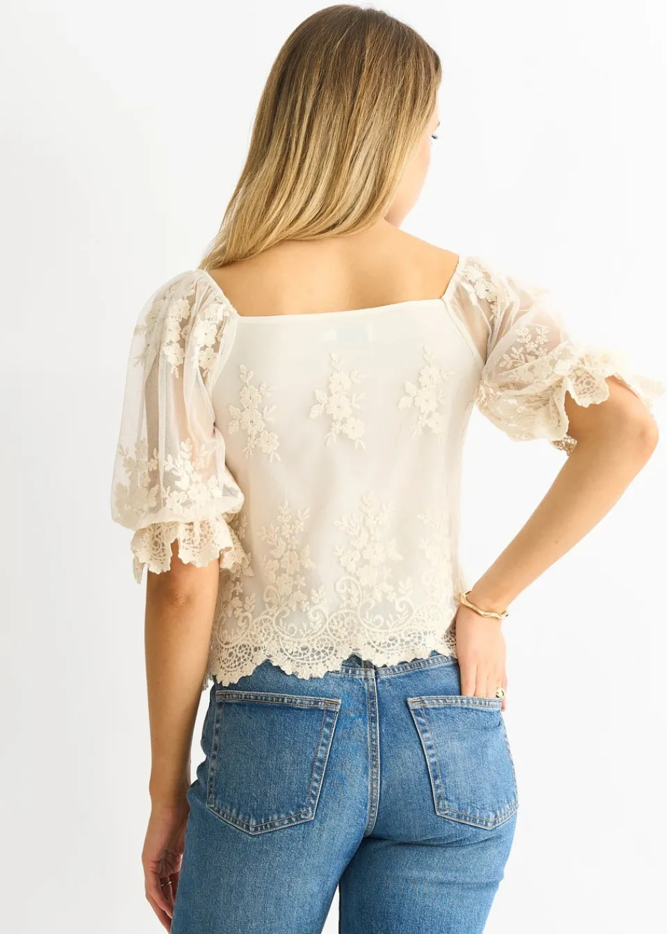 Tops>Gini London White Embroidered Lace Scallop Blouse