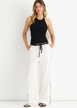 Trousers>Gini London White Linen Look Contrast Stripe Drawstring Trouser
