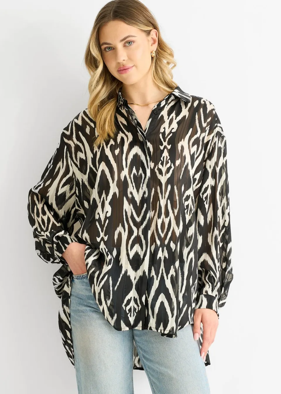Tops>Gini London White Mono Abstract Print Oversized shirt