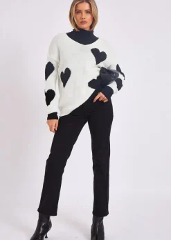 Knitwear>Gini London White V Neck Oversized Heart Knit Jumper