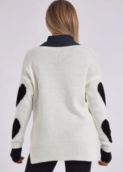 Knitwear>Gini London White V Neck Oversized Heart Knit Jumper
