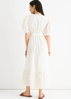 Dresses>Gini London White Wrap Broderie Cotton Belted Midi Dress