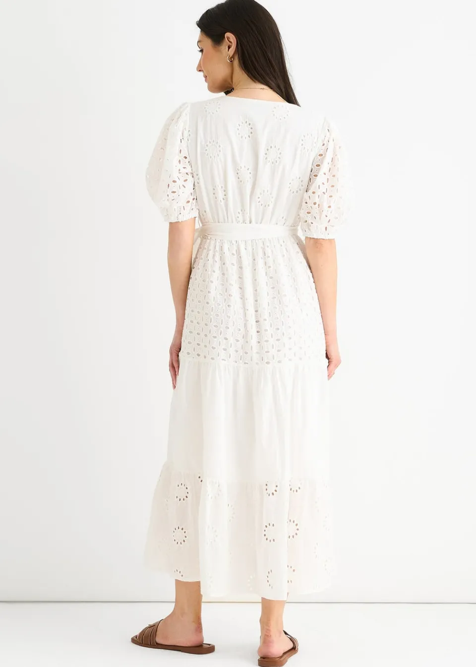 Dresses>Gini London White Wrap Broderie Cotton Belted Midi Dress