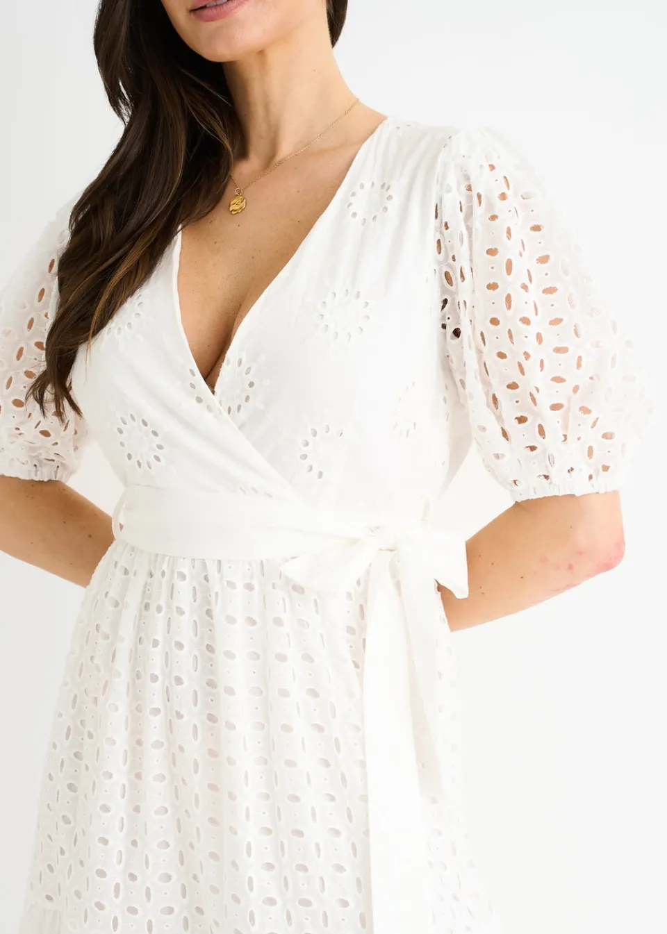 Dresses>Gini London White Wrap Broderie Cotton Belted Midi Dress