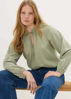 Tops>Papaya Green Boho Tie Neck Blouse
