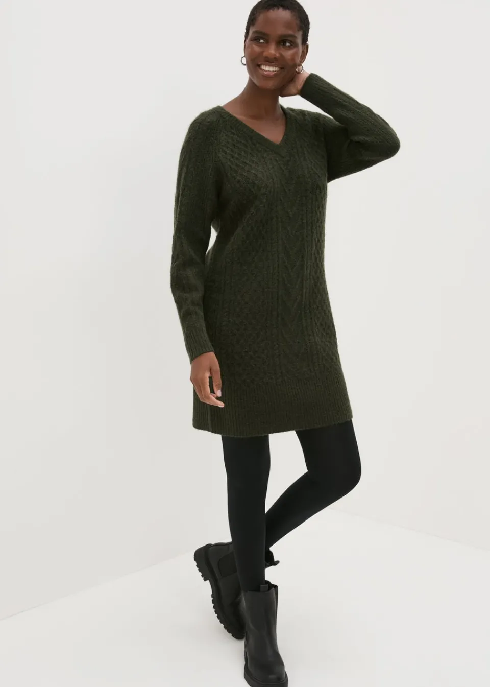 Knitwear>Papaya Green Cable Knit V-Neck Mini Dress