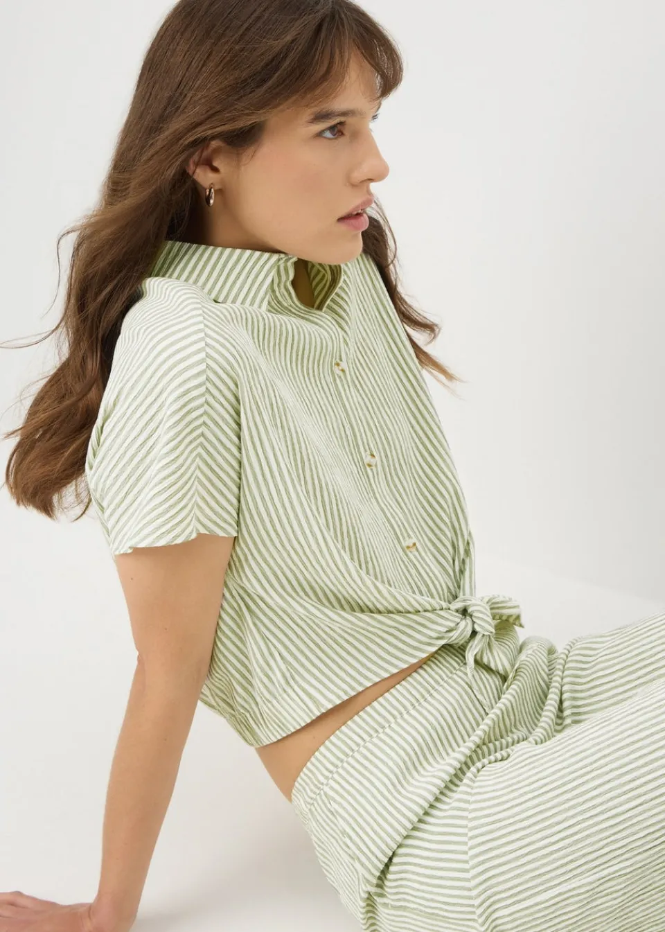 Tops>Papaya Green Co Ord Stripe Tie Front Shirt
