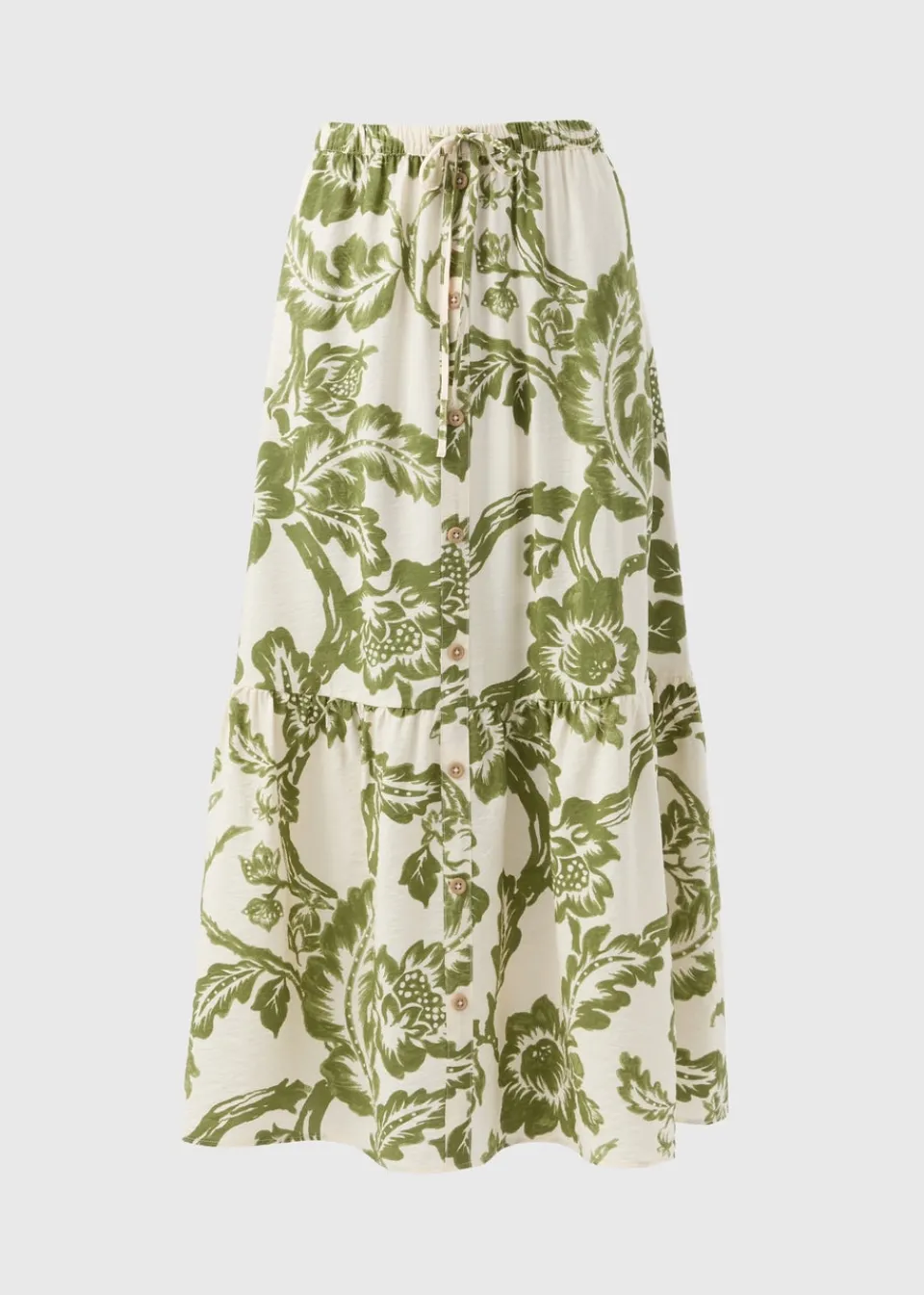 Skirts>Papaya Green Floral Button Front Tiered Midaxi Skirt