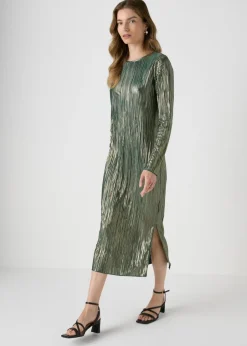 Dresses>Papaya Green Metallic Plisse Midi Dress