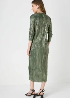 Dresses>Papaya Green Metallic Plisse Midi Dress