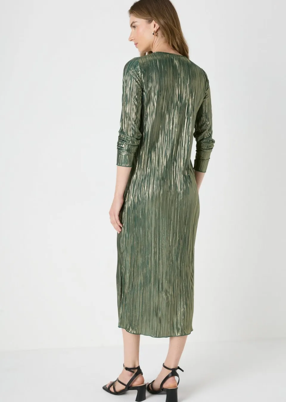 Dresses>Papaya Green Metallic Plisse Midi Dress