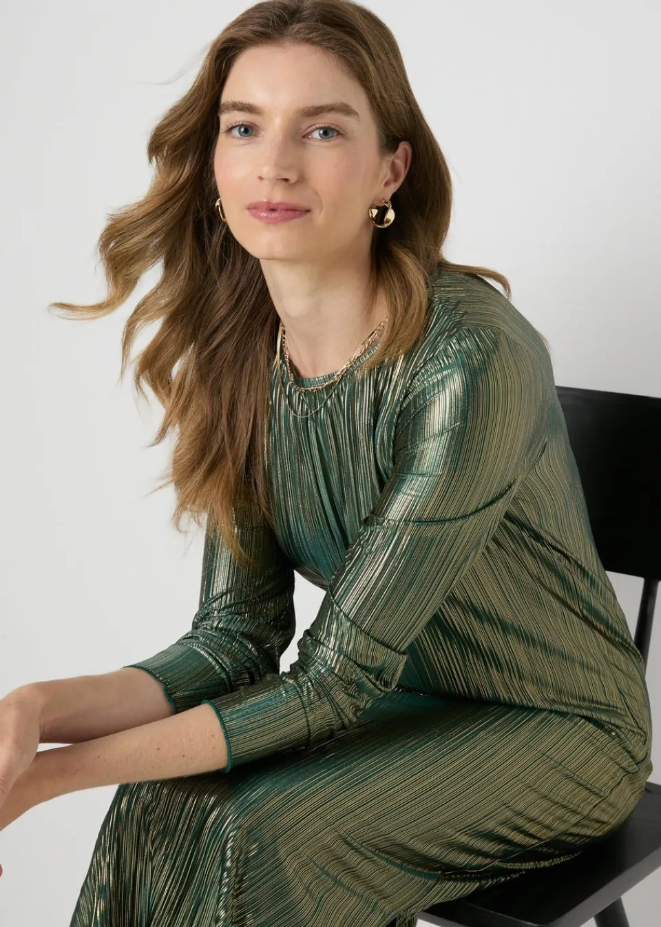 Dresses>Papaya Green Metallic Plisse Midi Dress