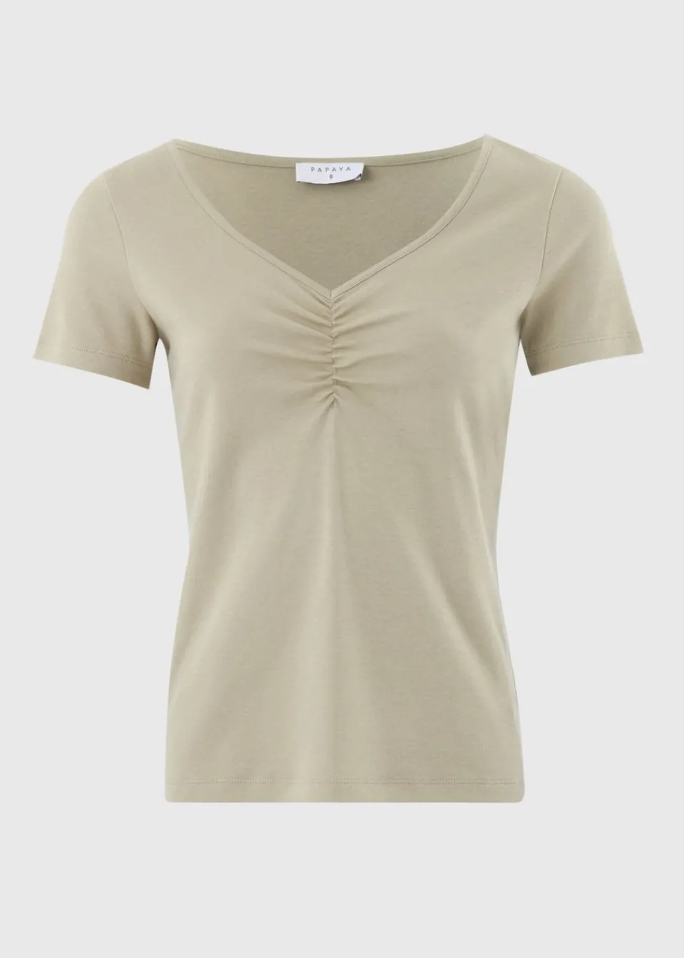T-Shirts>Papaya Green Ruched V-Neck T-Shirt