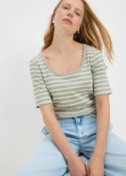 T-Shirts>Papaya Green Stripe Ribbed Scoop Neck Top