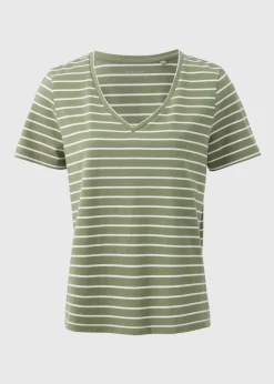 T-Shirts>Papaya Green Stripe V Neck Regular Fit T-Shirt