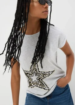 T-Shirts>Papaya Grey Animal Flocked Star Graphic T-Shirt