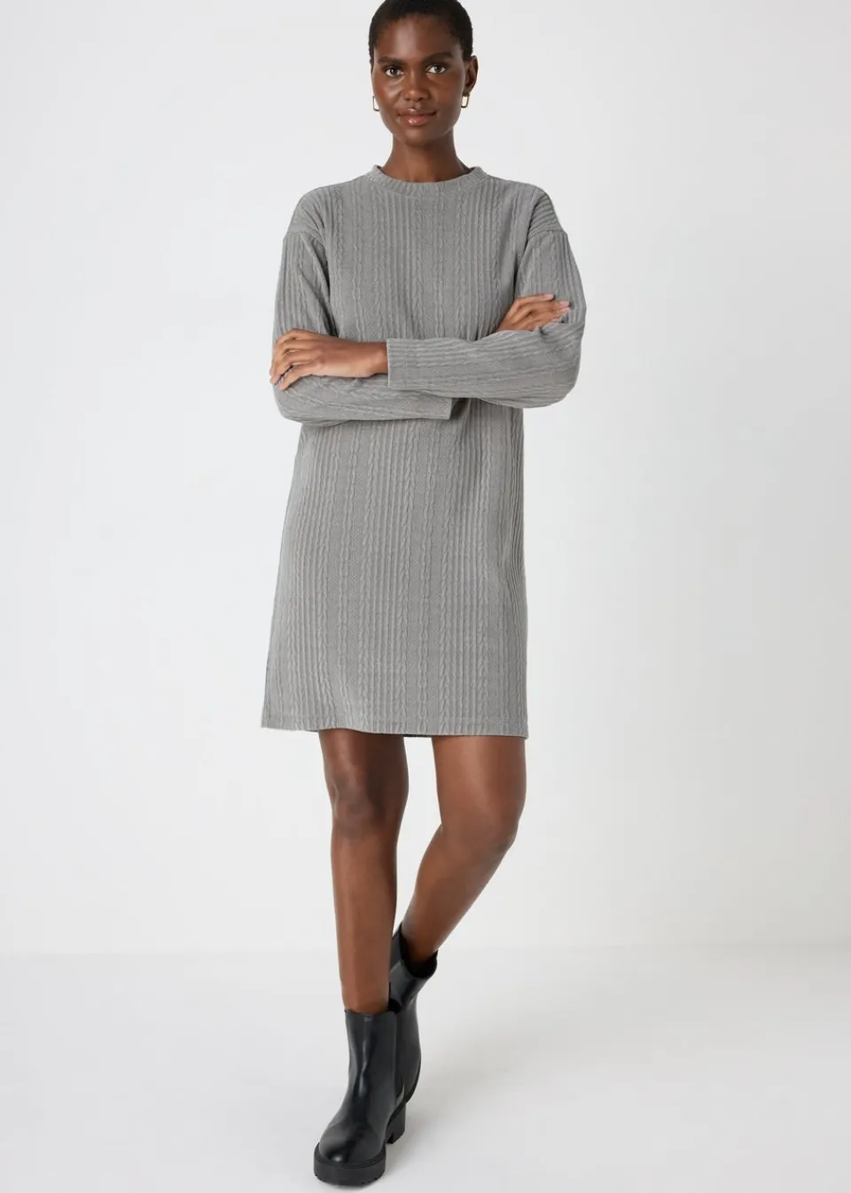 Knitwear>Papaya Cable Knit Mini Dress Grey