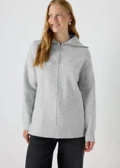 Tops>Papaya Grey Knitted Half Zip Jumper