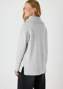 Tops>Papaya Grey Knitted Half Zip Jumper
