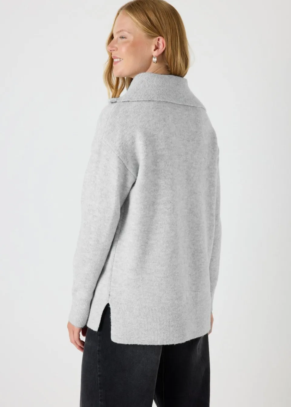 Tops>Papaya Grey Knitted Half Zip Jumper