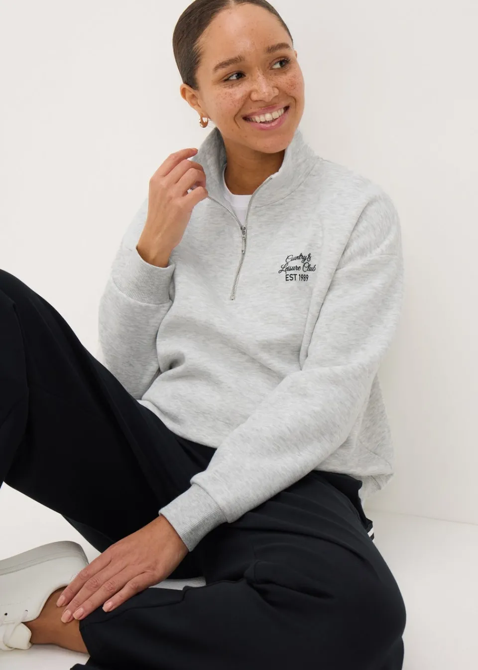 Tops>Papaya Grey Leisure Club Half Zip Sweatshirt