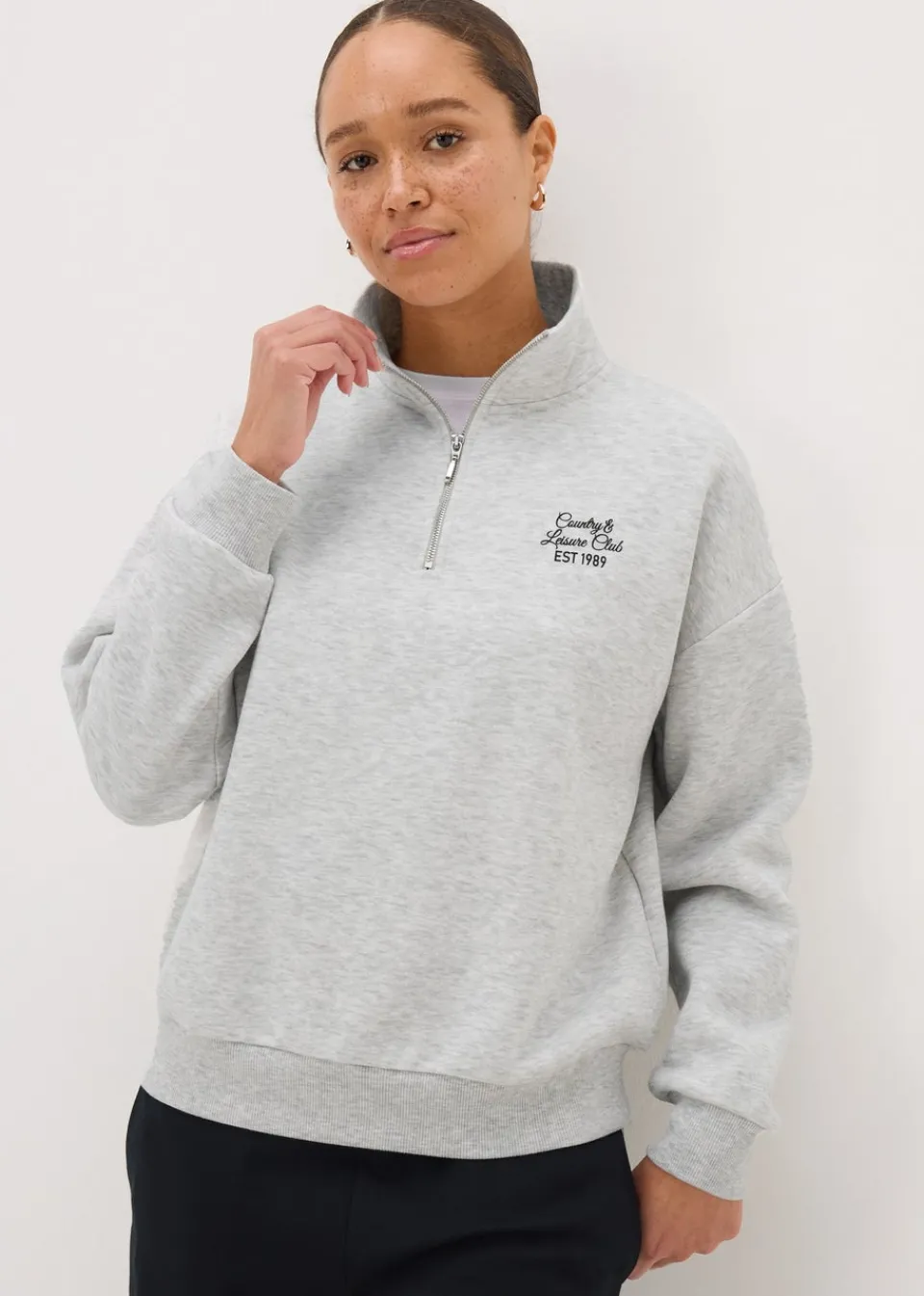 Tops>Papaya Grey Leisure Club Half Zip Sweatshirt