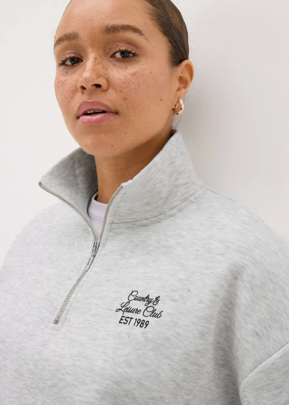 Tops>Papaya Grey Leisure Club Half Zip Sweatshirt
