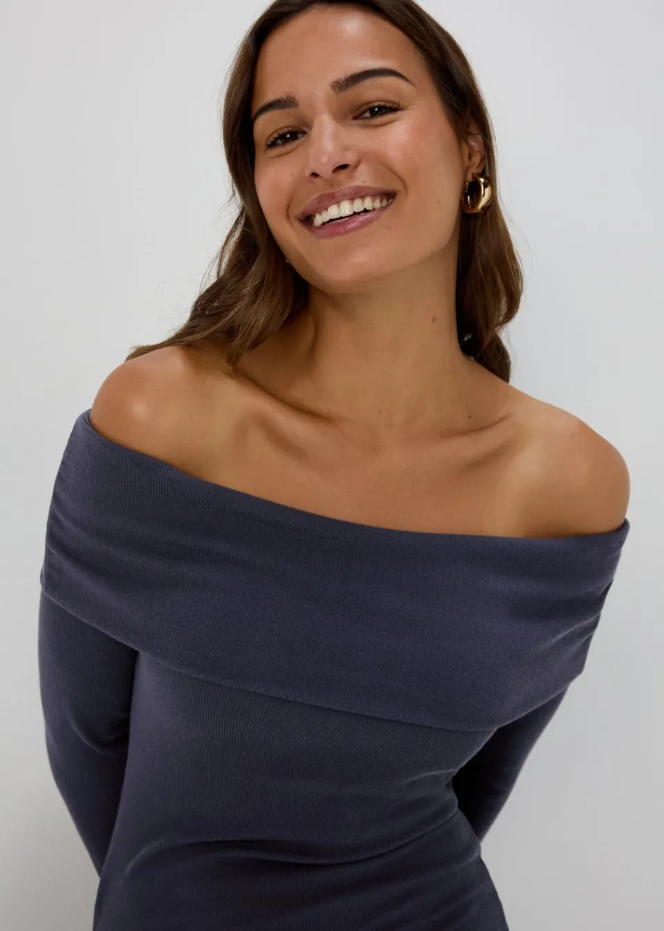 Dresses>Papaya Rib Bardot Mini Dress Grey
